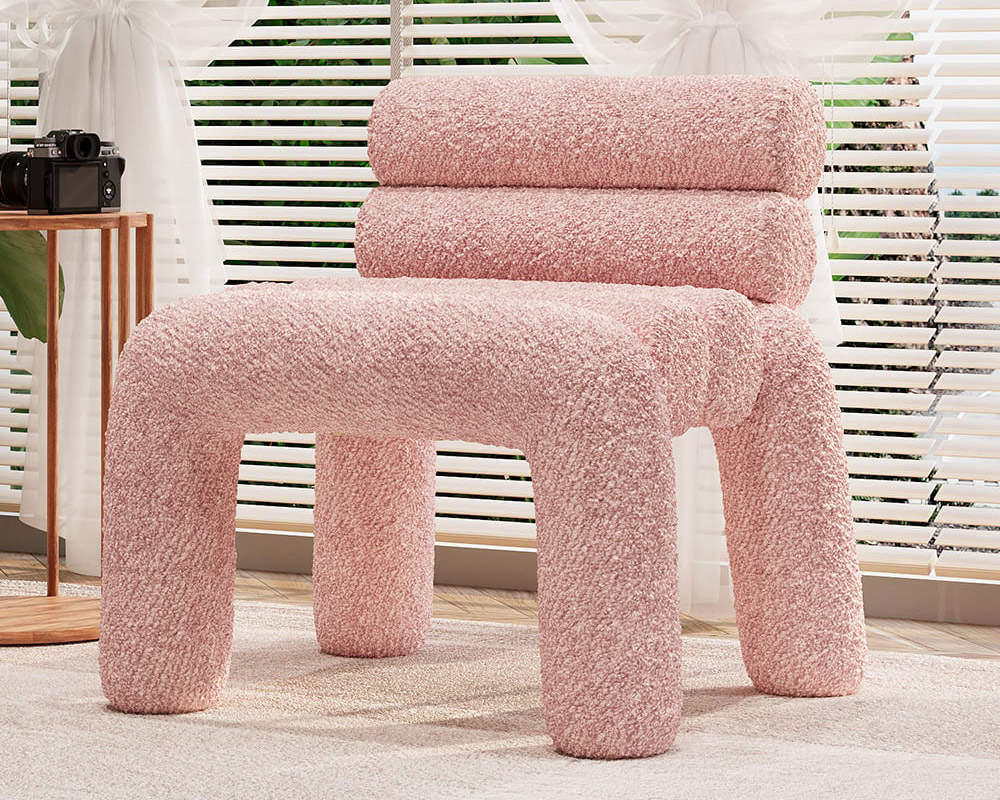 HMR Modern Boucle Accent Chair Upholstery Horizontal Channeled for Living Room - Pink