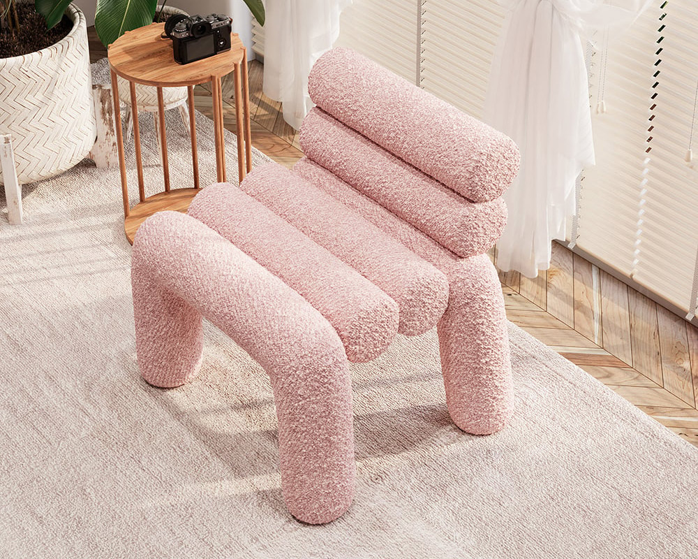 HMR Modern Boucle Accent Chair Upholstery Horizontal Channeled for Living Room - Pink