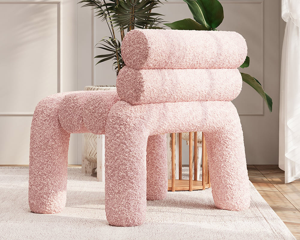 HMR Modern Boucle Accent Chair Upholstery Horizontal Channeled for Living Room - Pink