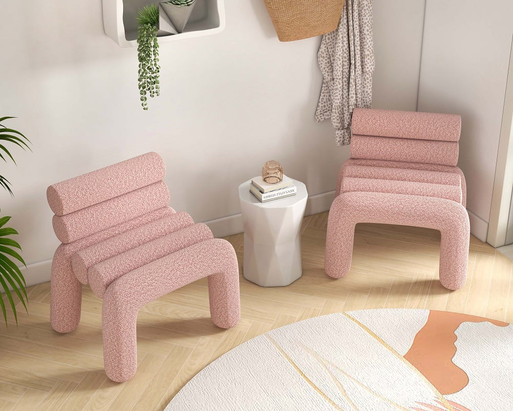 HMR Modern Boucle Accent Chair Upholstery Horizontal Channeled for Living Room - Pink