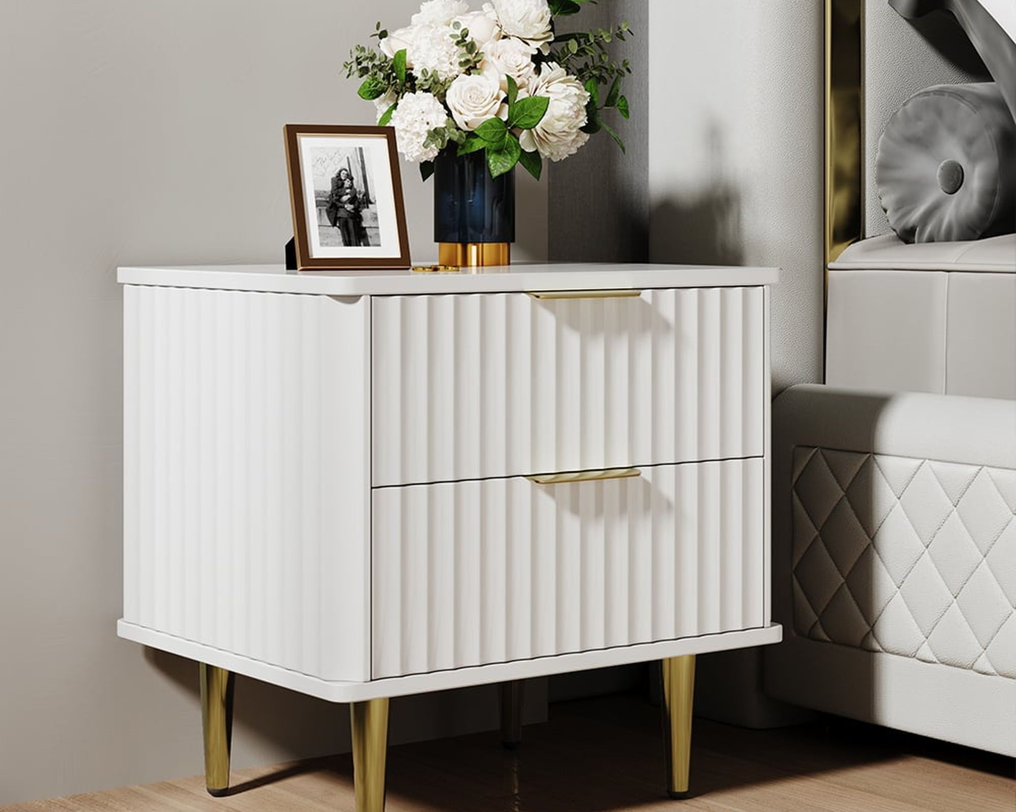 HMR - Modern White Nightstand with 2 Drawers Bedside Table with Gold Legs