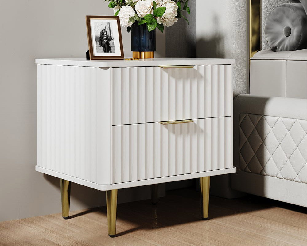 HMR - Modern White Nightstand with 2 Drawers Bedside Table with Gold Legs