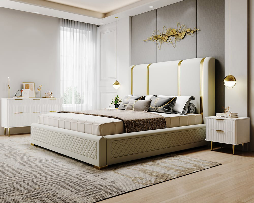 HMR - Modern White Nightstand with 2 Drawers Bedside Table with Gold Legs