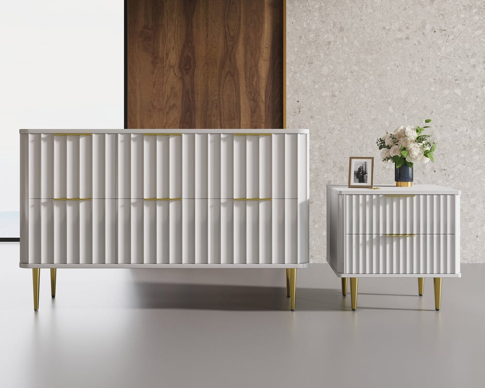 HMR - Modern White Nightstand with 2 Drawers Bedside Table with Gold Legs