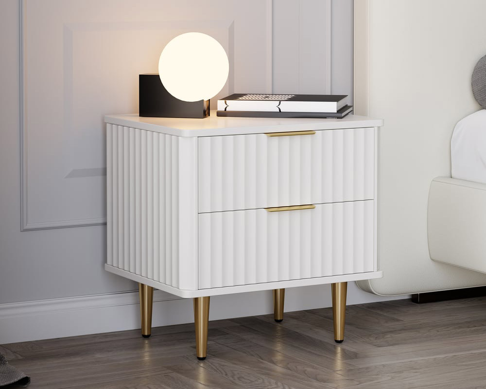 HMR - Modern White Nightstand with 2 Drawers Bedside Table with Gold Legs