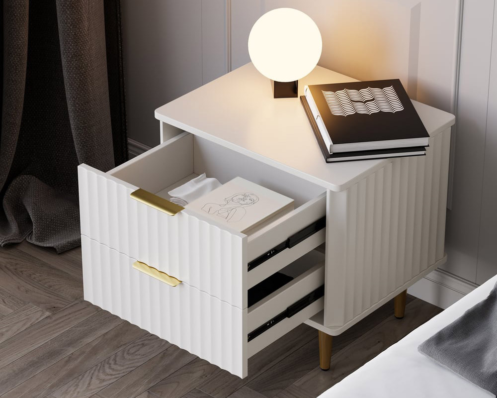 HMR - Modern White Nightstand with 2 Drawers Bedside Table with Gold Legs