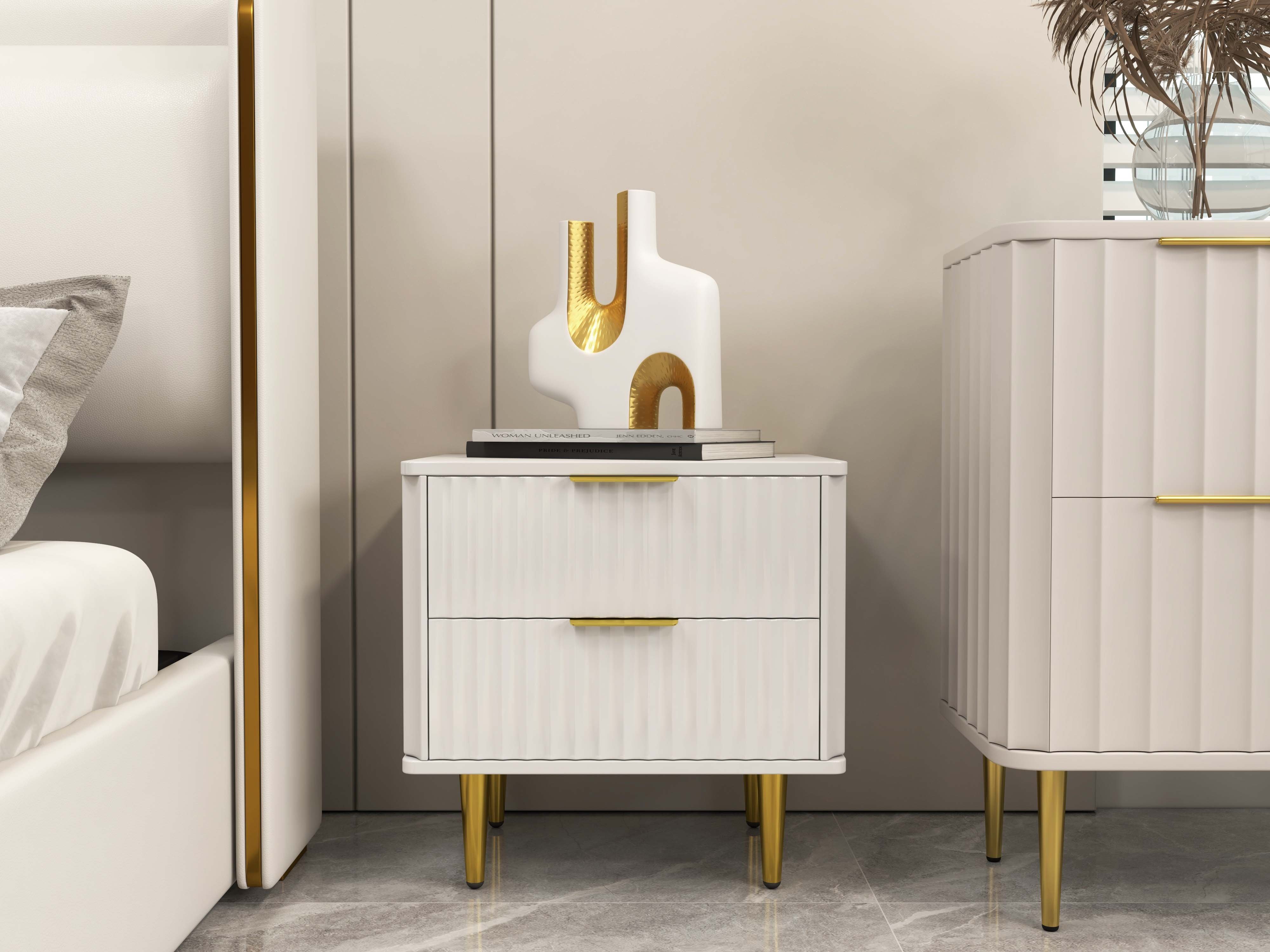 HMR - Modern White Nightstand with 2 Drawers Bedside Table with Gold Legs