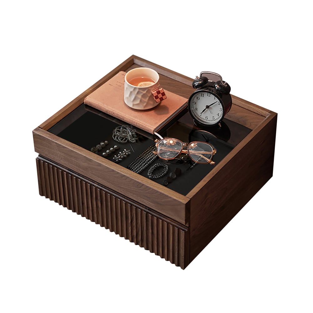 HMR Modern Floating Nightstand with Glass Top & Jewelry Storage Bedside Table - Walnut, Set Of 2