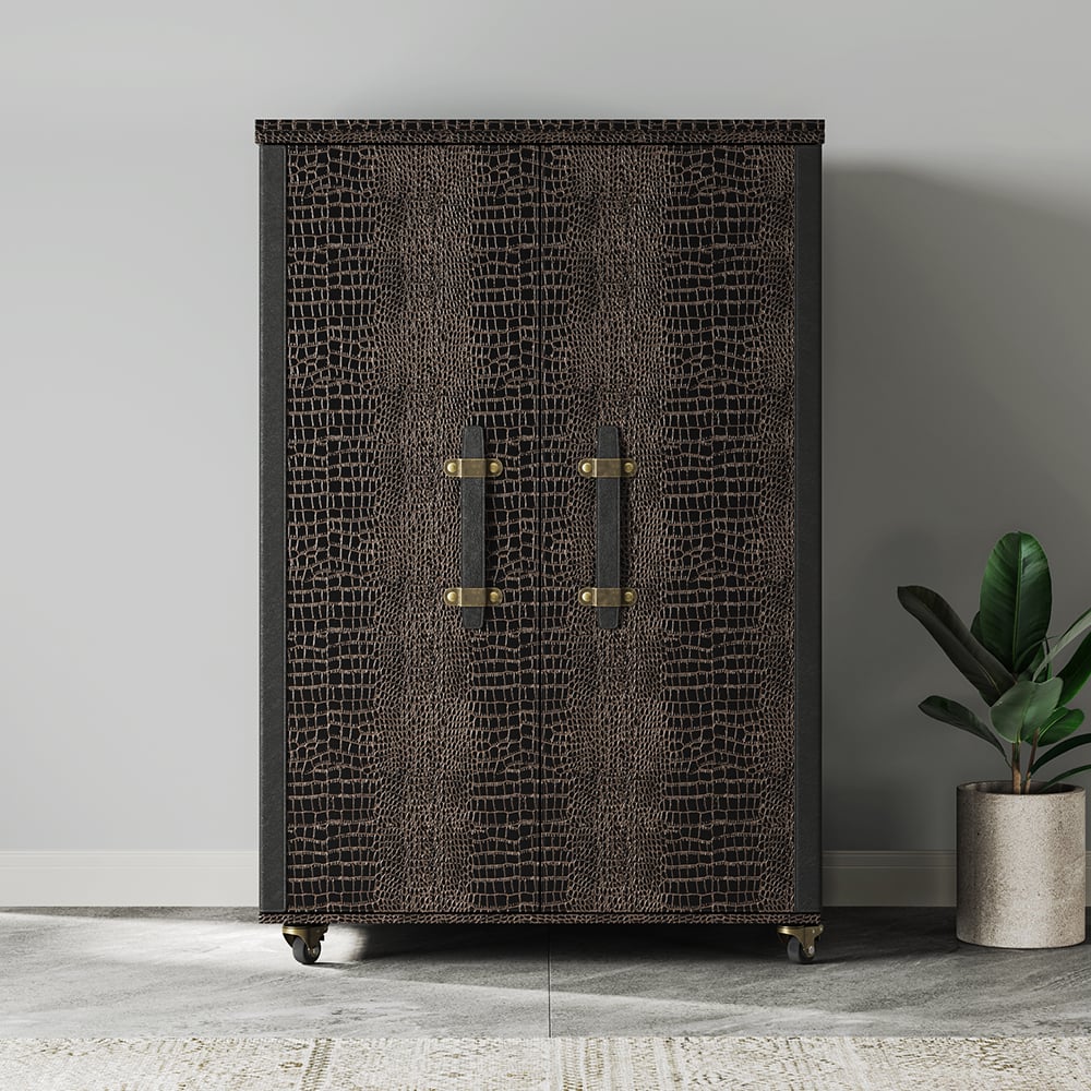 HMR - Industrial Black Leather Fold Out Home Bar Cabinet on Wheels with Storage Bar Table