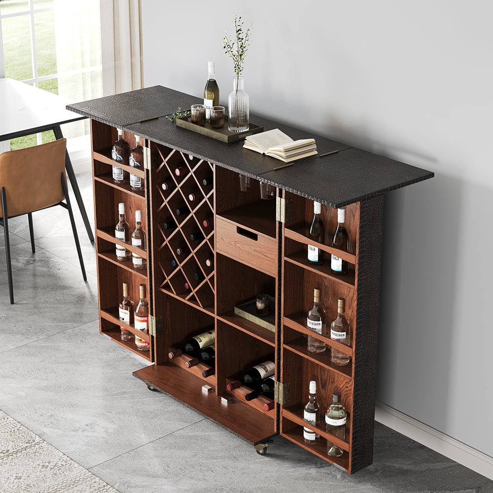 HMR - Industrial Black Leather Fold Out Home Bar Cabinet on Wheels with Storage Bar Table