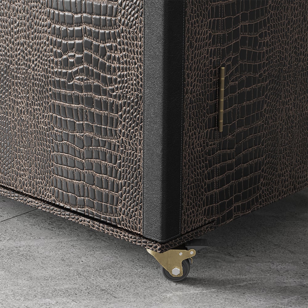 HMR - Industrial Black Leather Fold Out Home Bar Cabinet on Wheels with Storage Bar Table