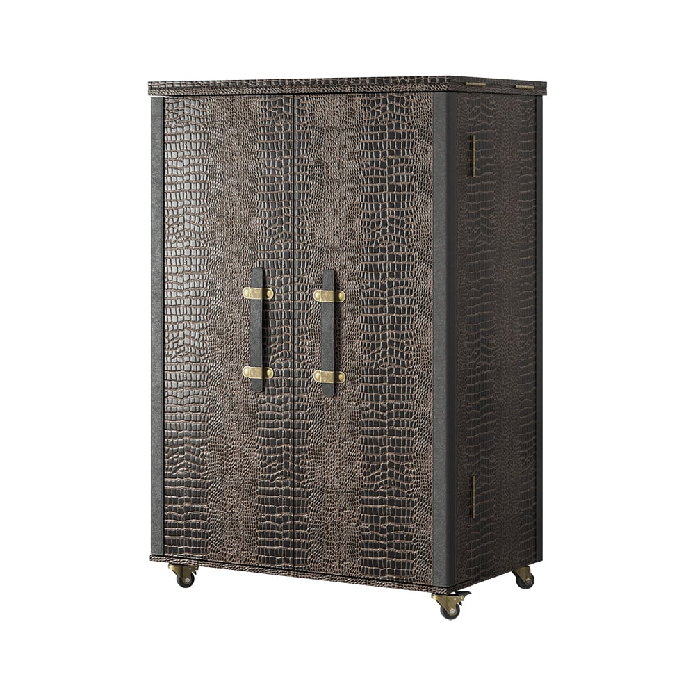 HMR - Industrial Black Leather Fold Out Home Bar Cabinet on Wheels with Storage Bar Table