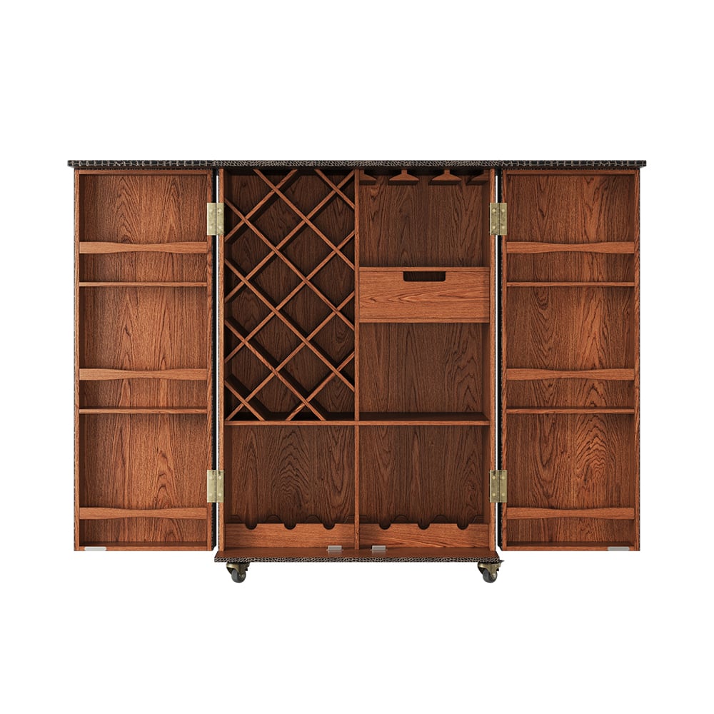 HMR - Industrial Black Leather Fold Out Home Bar Cabinet on Wheels with Storage Bar Table