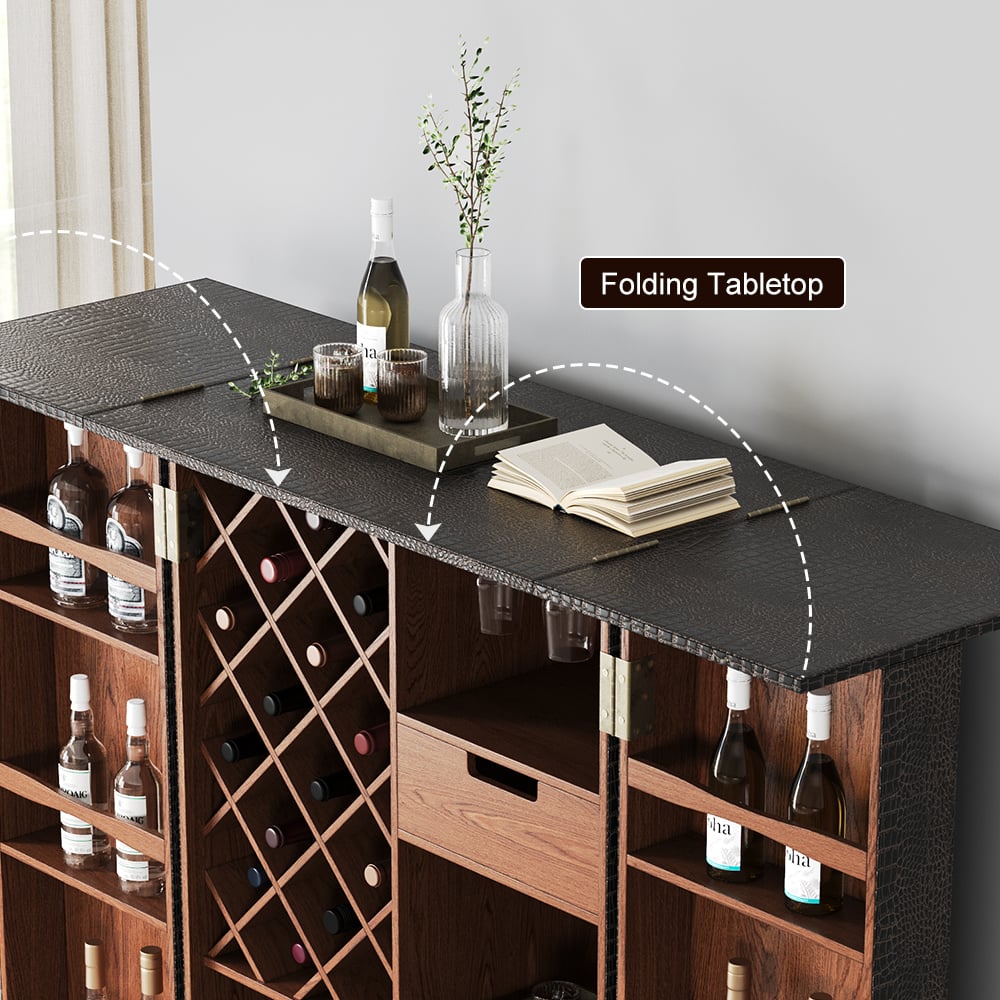 HMR - Industrial Black Leather Fold Out Home Bar Cabinet on Wheels with Storage Bar Table