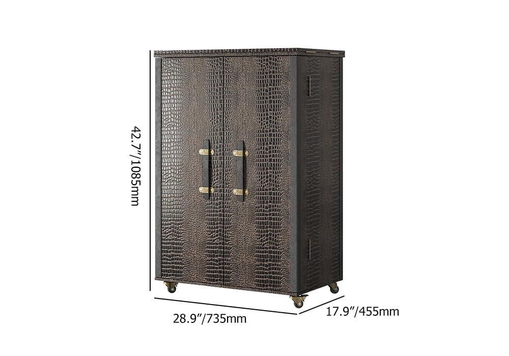 HMR - Industrial Black Leather Fold Out Home Bar Cabinet on Wheels with Storage Bar Table