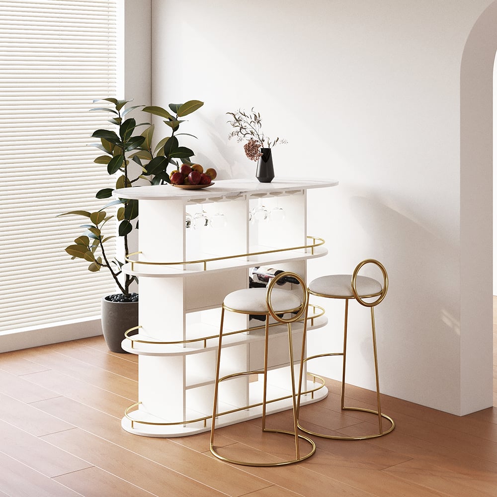 HMR - 47" White Oval Bar Table with Wine Rack Glass Holder Liquor Tier Storage 2-Drawer