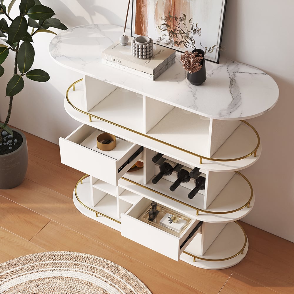 HMR - 47" White Oval Bar Table with Wine Rack Glass Holder Liquor Tier Storage 2-Drawer