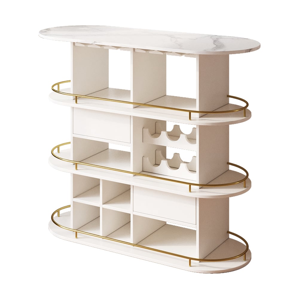 HMR - 47" White Oval Bar Table with Wine Rack Glass Holder Liquor Tier Storage 2-Drawer