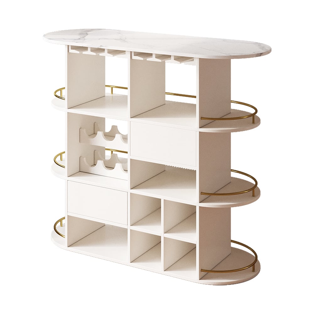 HMR - 47" White Oval Bar Table with Wine Rack Glass Holder Liquor Tier Storage 2-Drawer