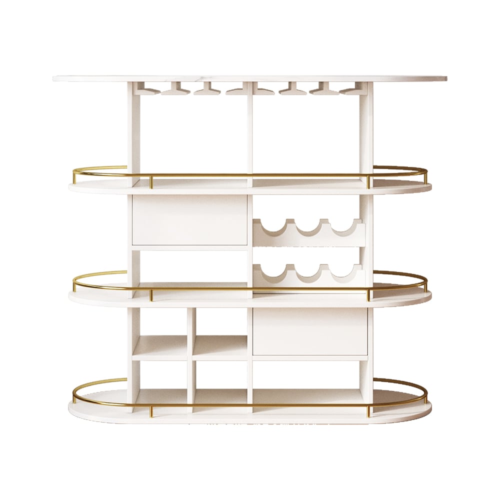 HMR - 47" White Oval Bar Table with Wine Rack Glass Holder Liquor Tier Storage 2-Drawer