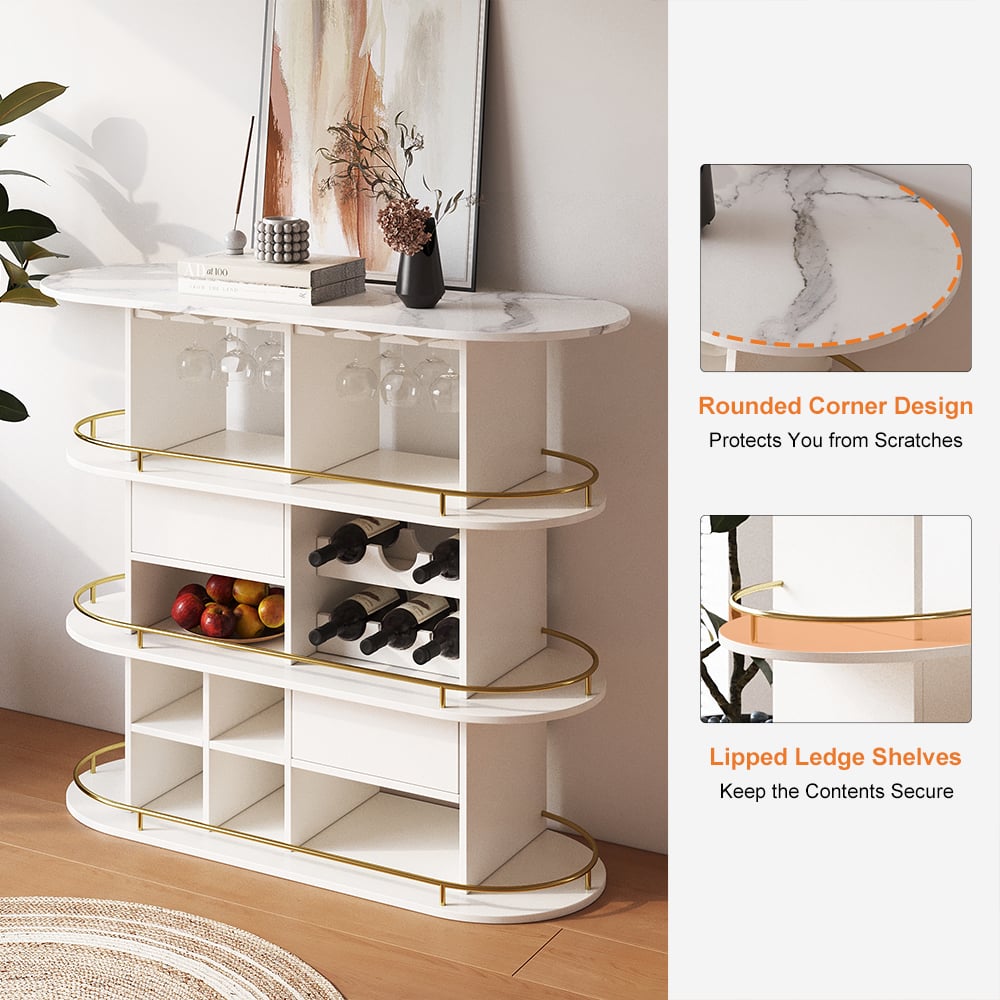 HMR - 47" White Oval Bar Table with Wine Rack Glass Holder Liquor Tier Storage 2-Drawer