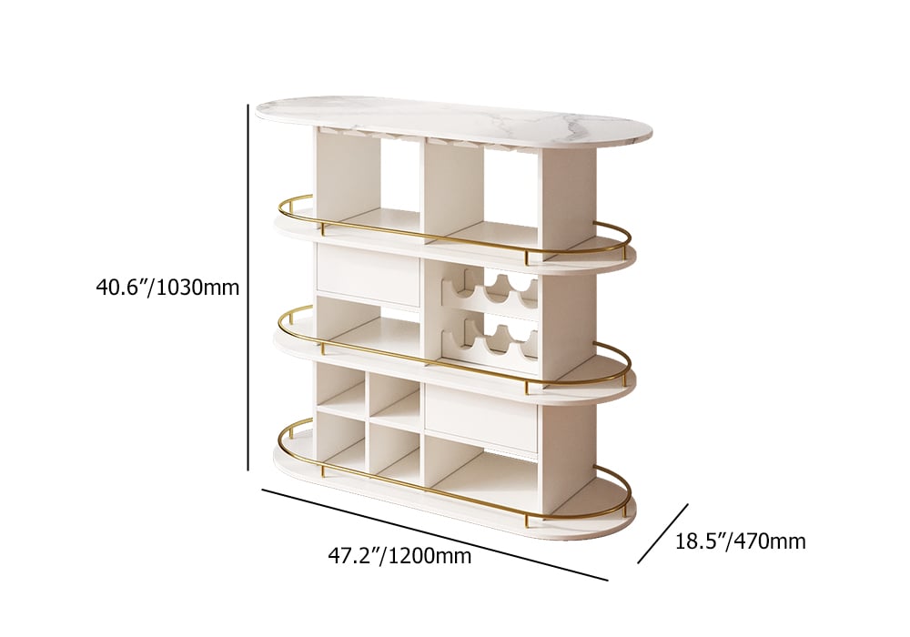 HMR - 47" White Oval Bar Table with Wine Rack Glass Holder Liquor Tier Storage 2-Drawer