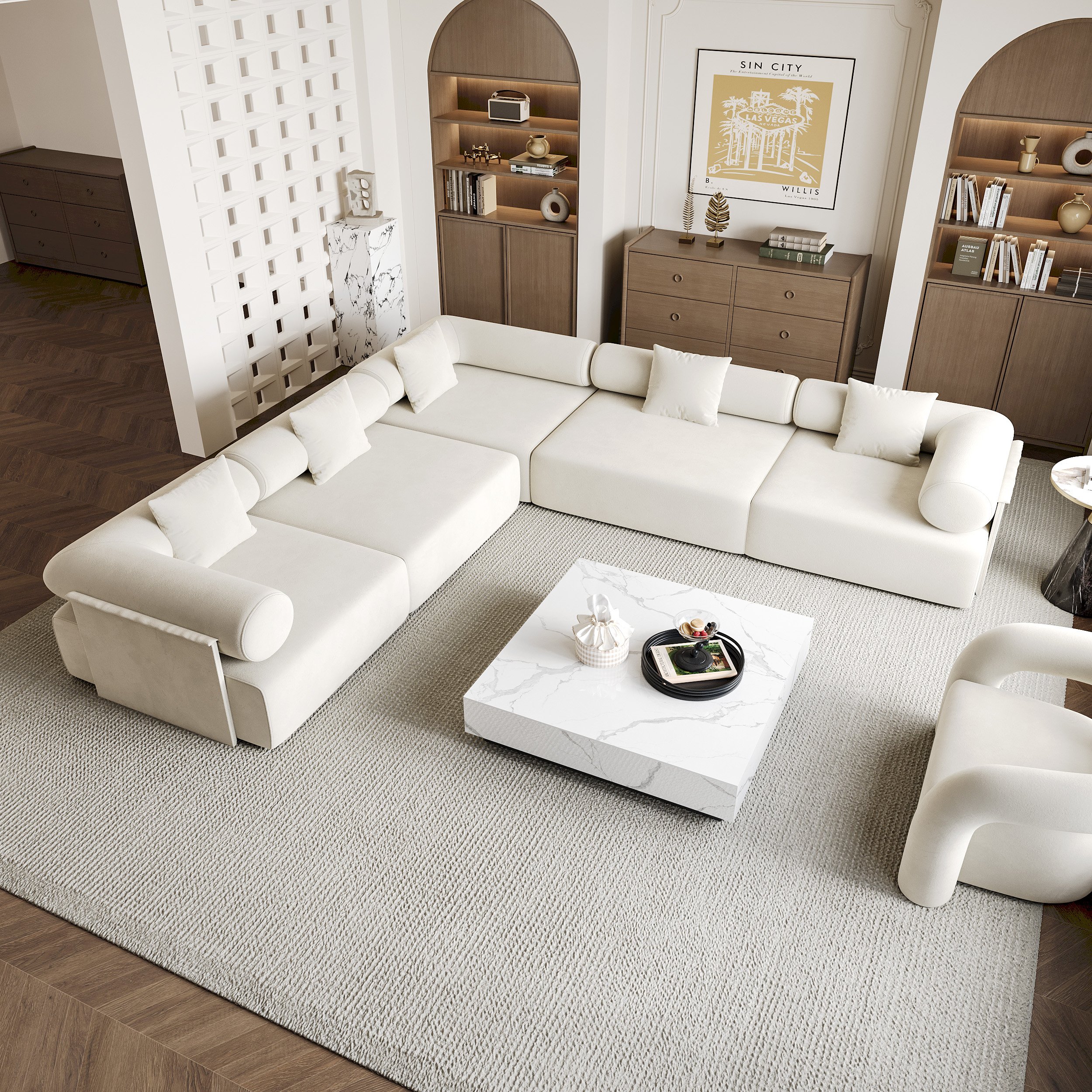 HMR 39" Square Sintered Stone Block Coffee Table With Wood Base - White