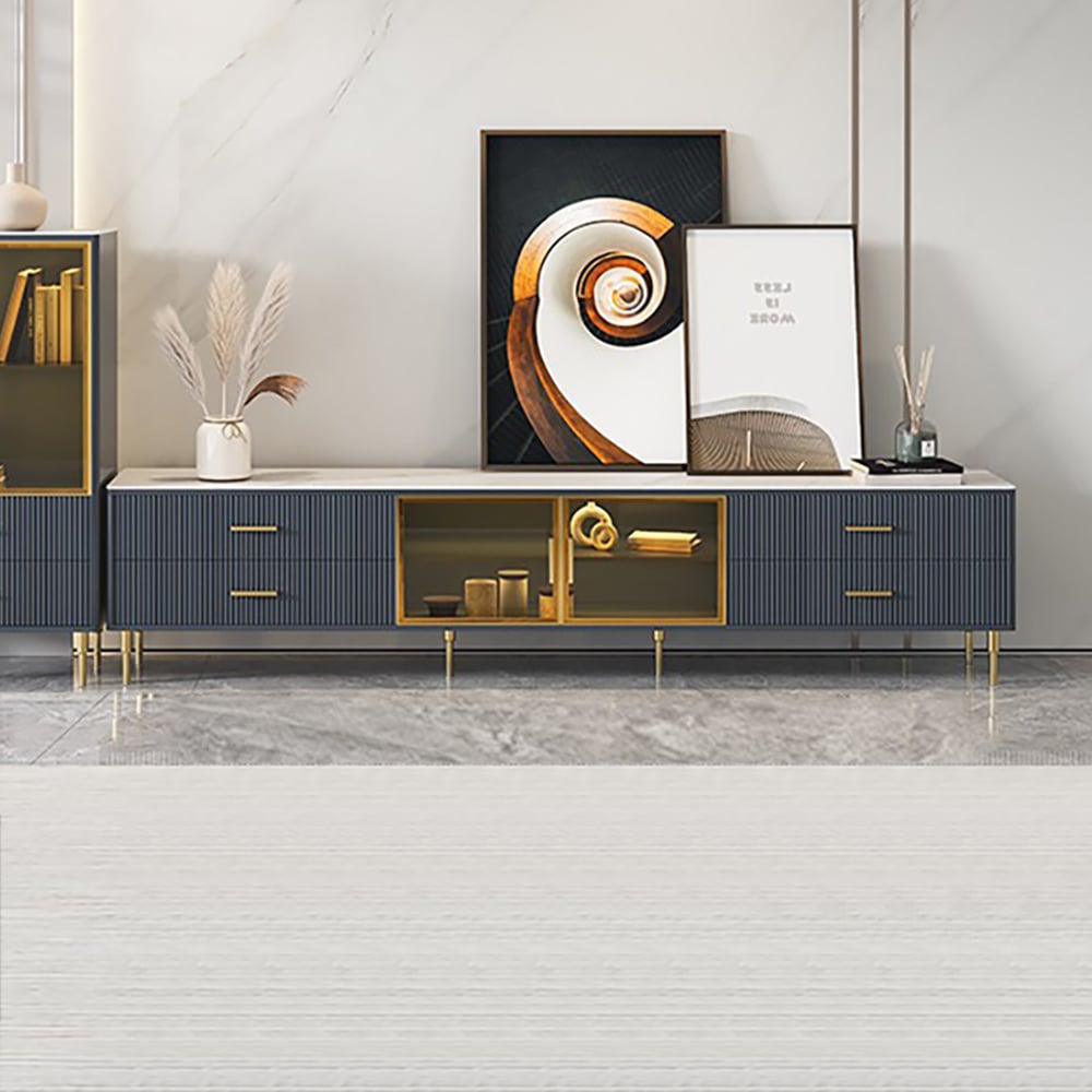 HMR - Cofab 78.7" TV Stand with Drawers & Shelves Deep Blue Media Console with Glass Doors