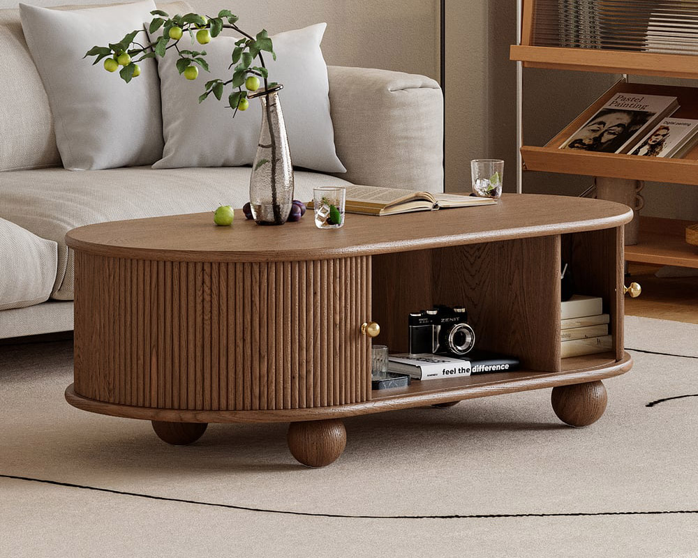 HMR - Stria Ash Wood Fluted Coffee Table with Storage