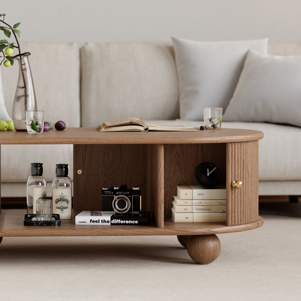 HMR Stria Ash Wood Fluted Coffee Table with Storage - Walnut, Oval, 47.2"W x 23.6"D x 15.7"H