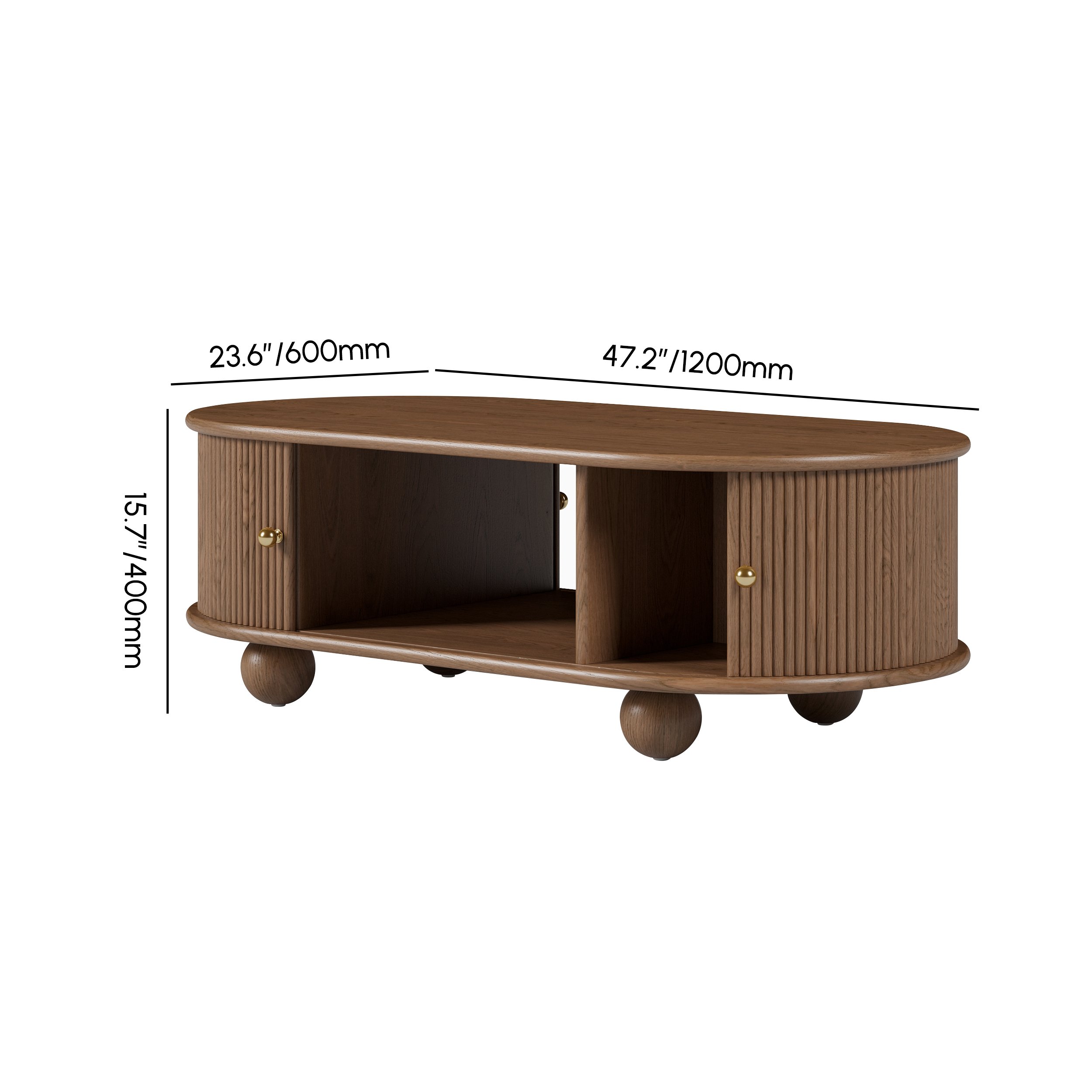 HMR Stria Ash Wood Fluted Coffee Table with Storage - Walnut, Oval, 47.2"W x 23.6"D x 15.7"H