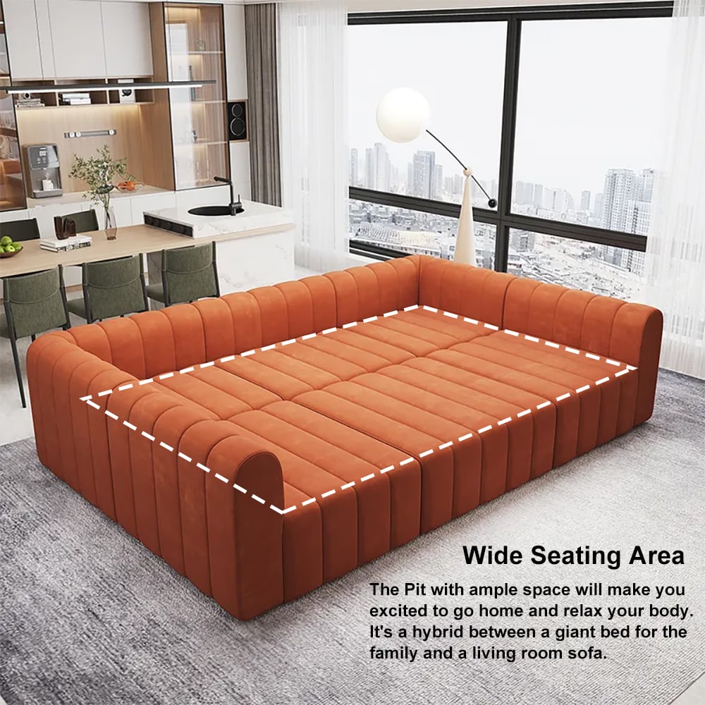HMR 118.9" Modular Pit Sectional Sofa Set Convertible 6-Seater - Orange, Velvet