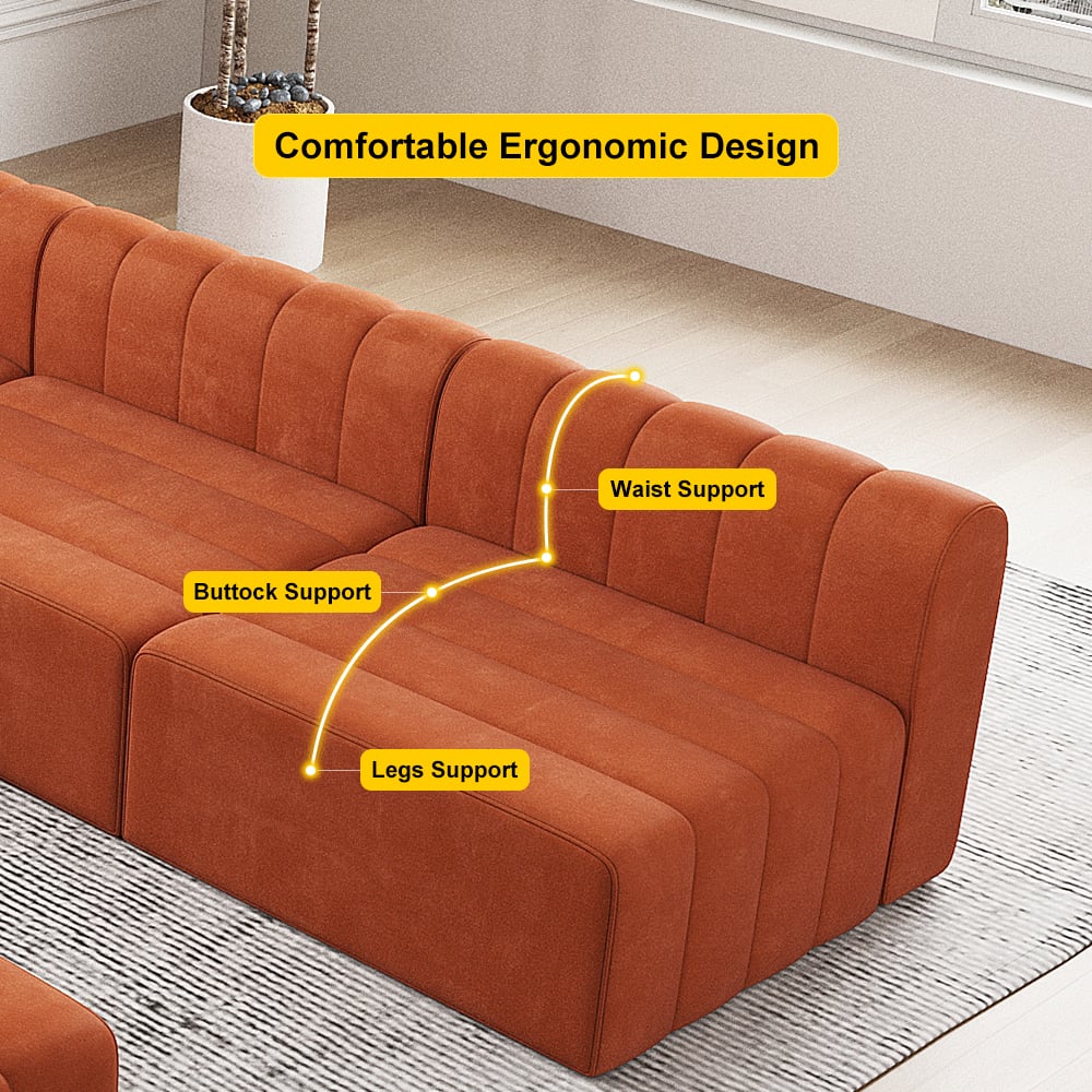 HMR 118.9" Modular Pit Sectional Sofa Set Convertible 6-Seater - Orange, Velvet