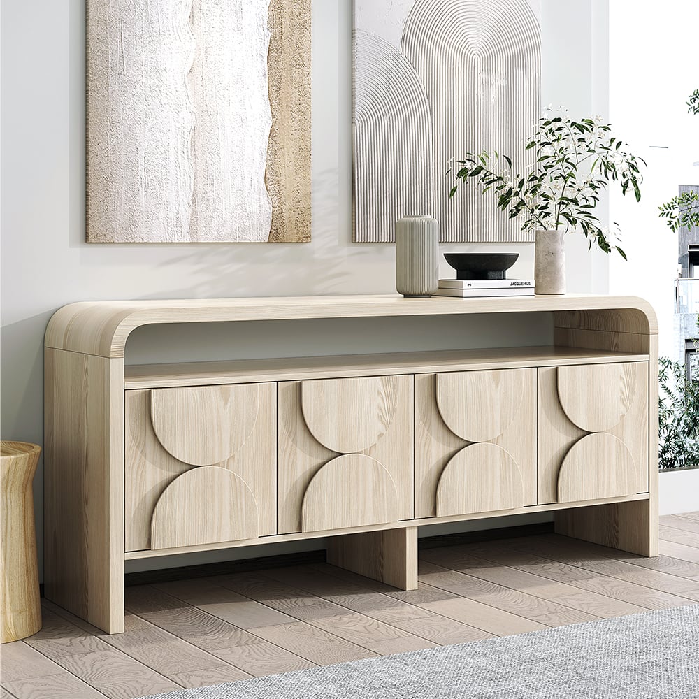 HMR - 71" Wood Sideboard Buffet Japandi Distressed White Credenza with Shelves & 4 Doors