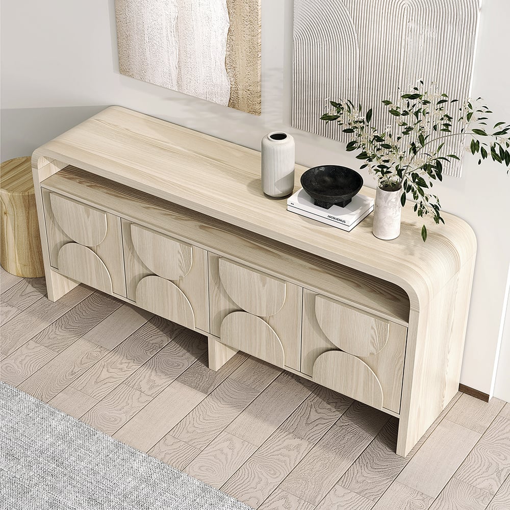HMR - 71" Wood Sideboard Buffet Japandi Distressed White Credenza with Shelves & 4 Doors
