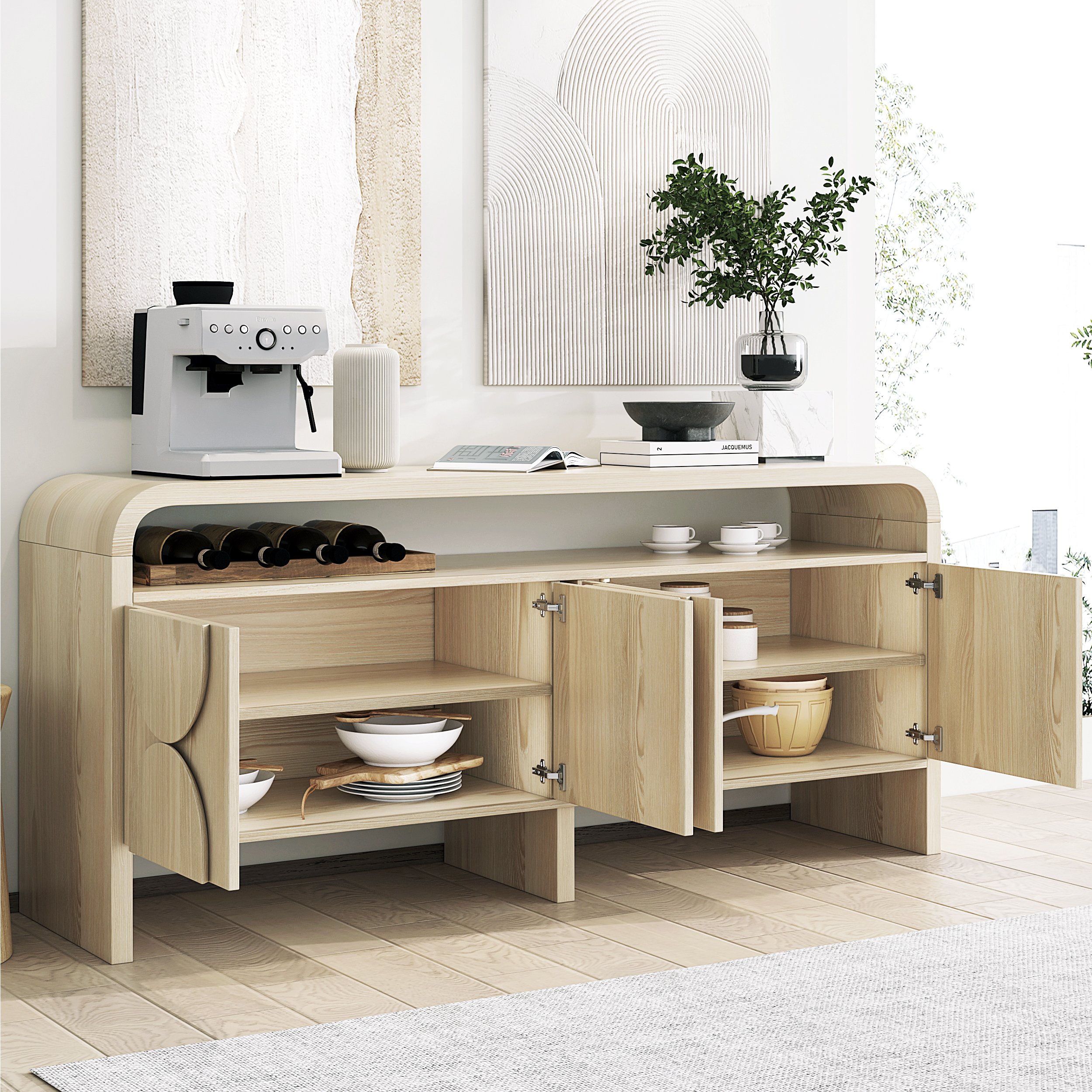 HMR - 71" Wood Sideboard Buffet Japandi Distressed White Credenza with Shelves & 4 Doors