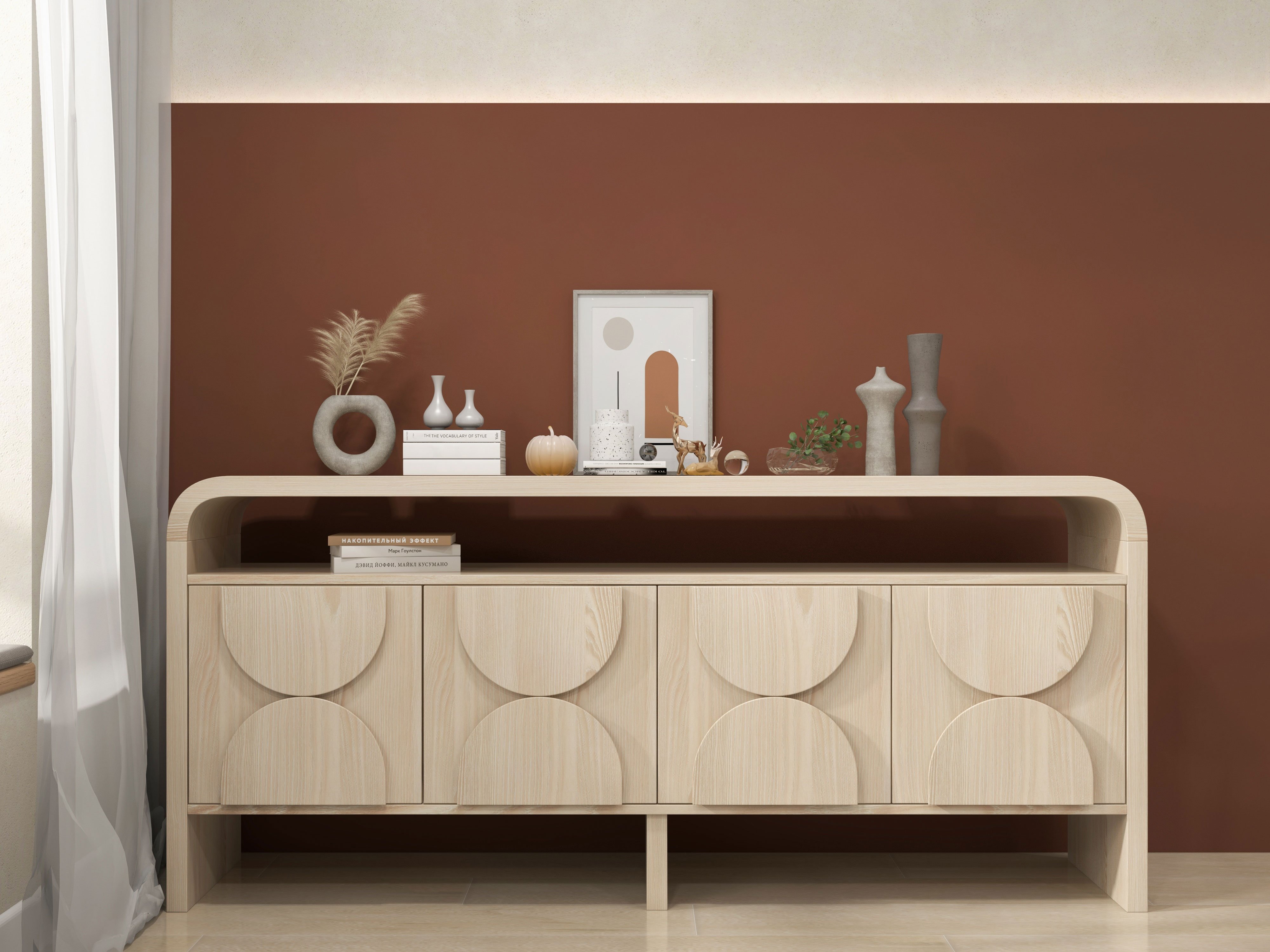HMR - 71" Wood Sideboard Buffet Japandi Distressed White Credenza with Shelves & 4 Doors