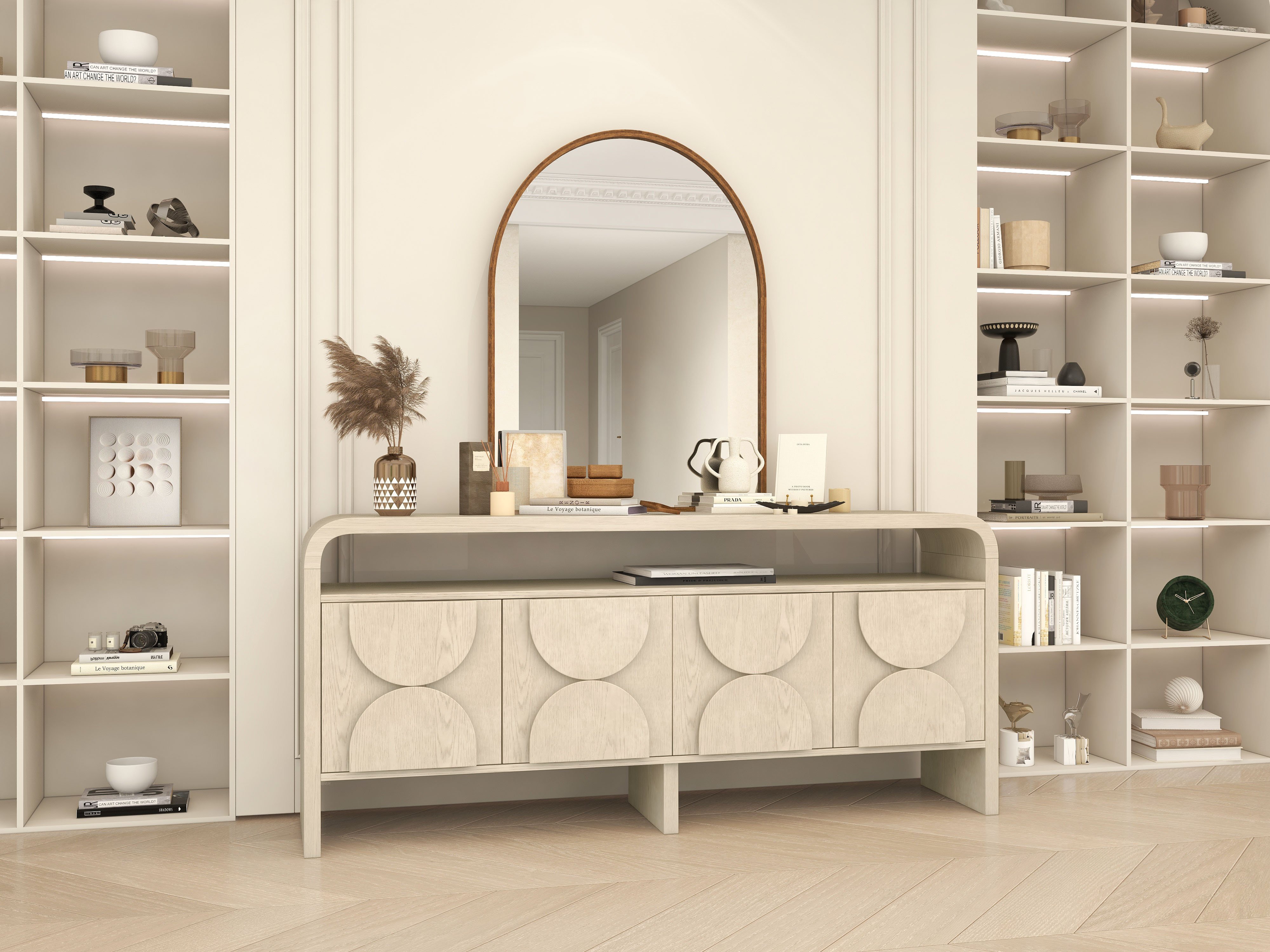 HMR - 71" Wood Sideboard Buffet Japandi Distressed White Credenza with Shelves & 4 Doors