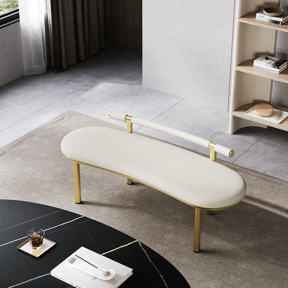 HMR - Curvice Series Dining Bench with Faux Leather Upholstery Off White Seats 1-2 People