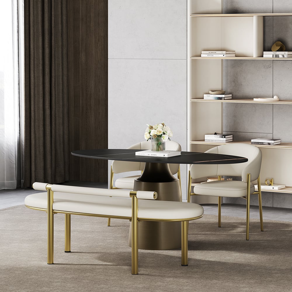 HMR - Curvice Series Dining Bench with Faux Leather Upholstery Off White Seats 1-2 People