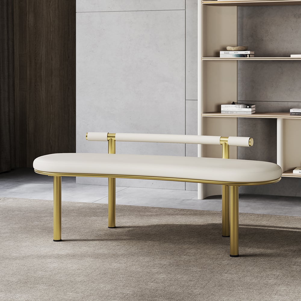 HMR - Curvice Series Dining Bench with Faux Leather Upholstery Off White Seats 1-2 People