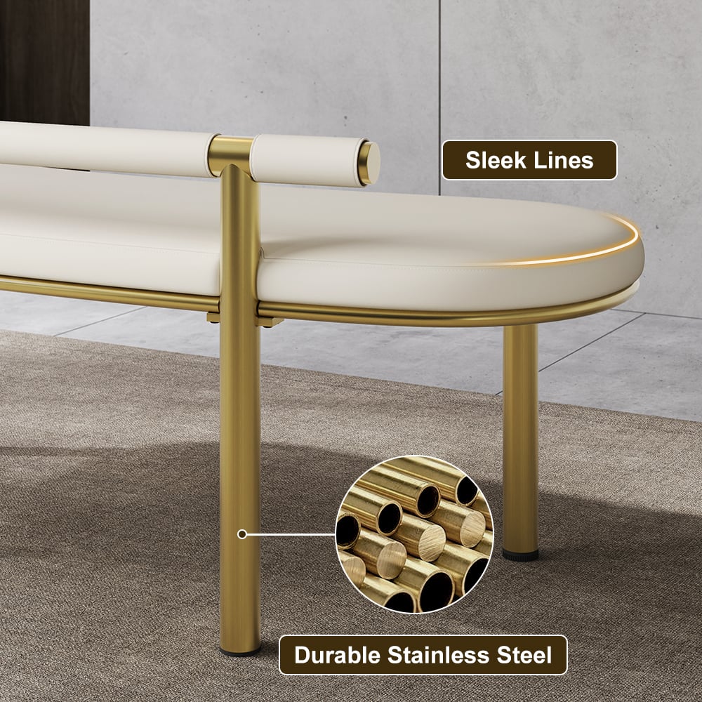HMR - Curvice Series Dining Bench with Faux Leather Upholstery Off White Seats 1-2 People