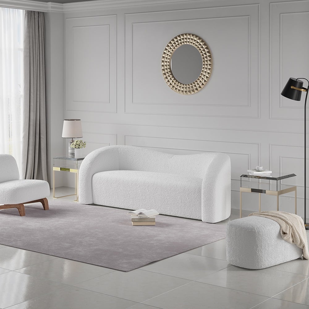 HMR Modern 91" Curved 3 Seater Sofa with Boucle Upholstered - White