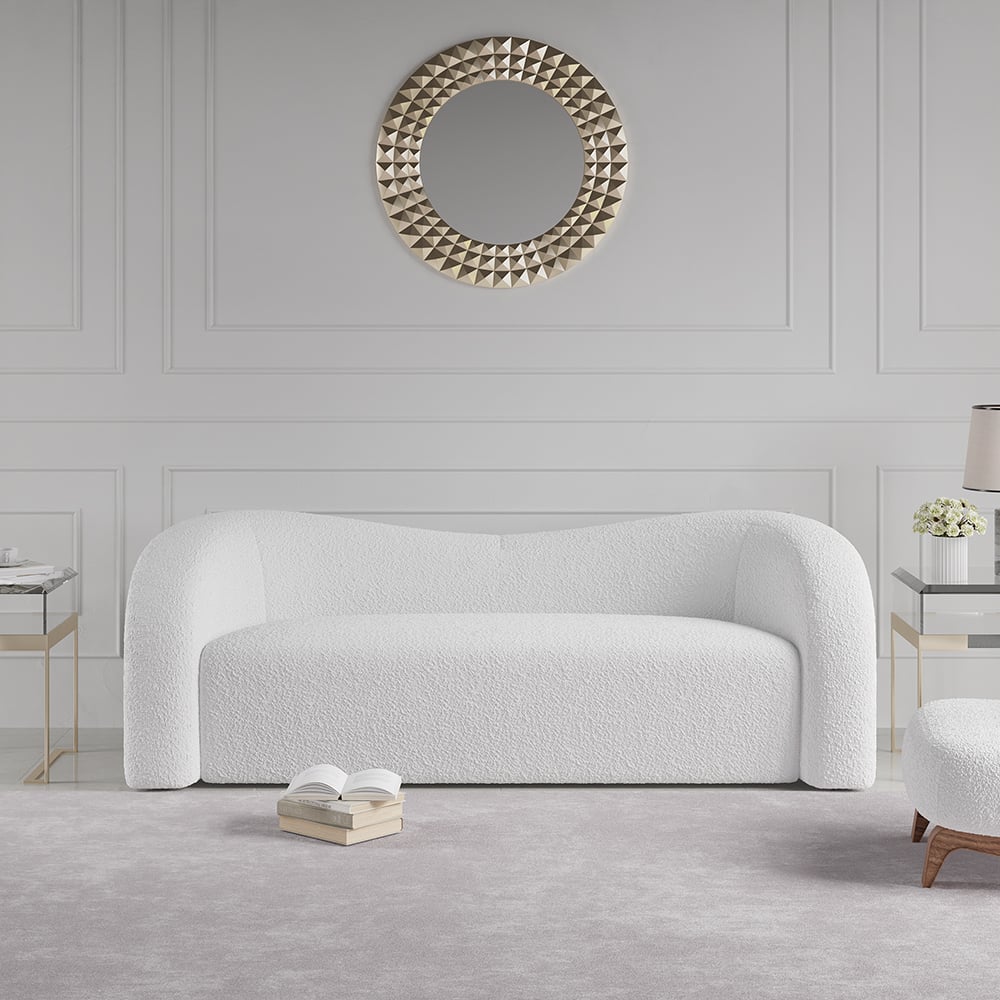HMR Modern 91" Curved 3 Seater Sofa with Boucle Upholstered - White