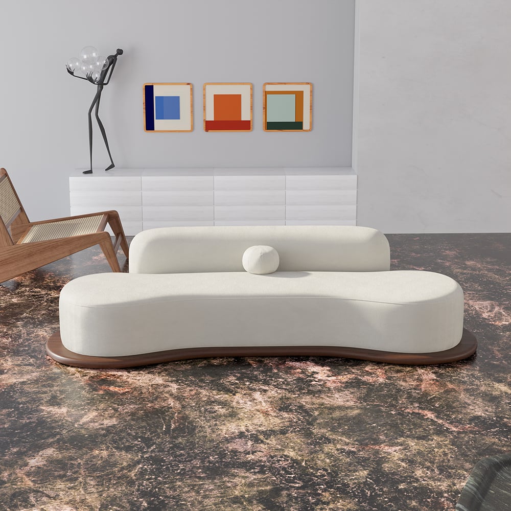 HMR - 110" Modern White Velvet 5 Seaters Curved Sofa with Low Back Wooden Base