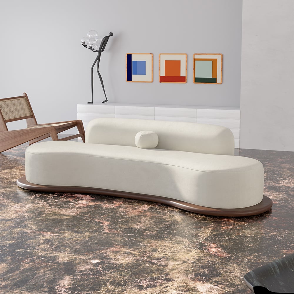 HMR - 110" Modern White Velvet 5 Seaters Curved Sofa with Low Back Wooden Base