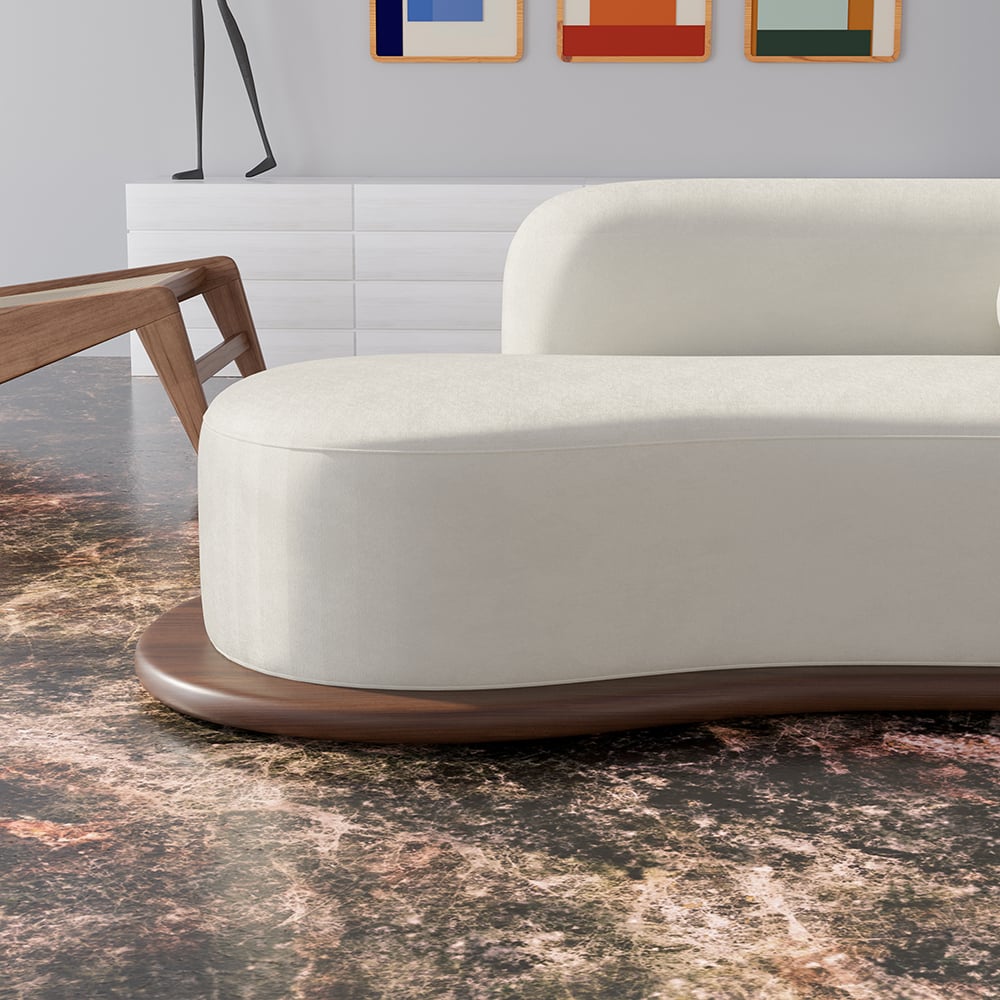 HMR - 110" Modern White Velvet 5 Seaters Curved Sofa with Low Back Wooden Base