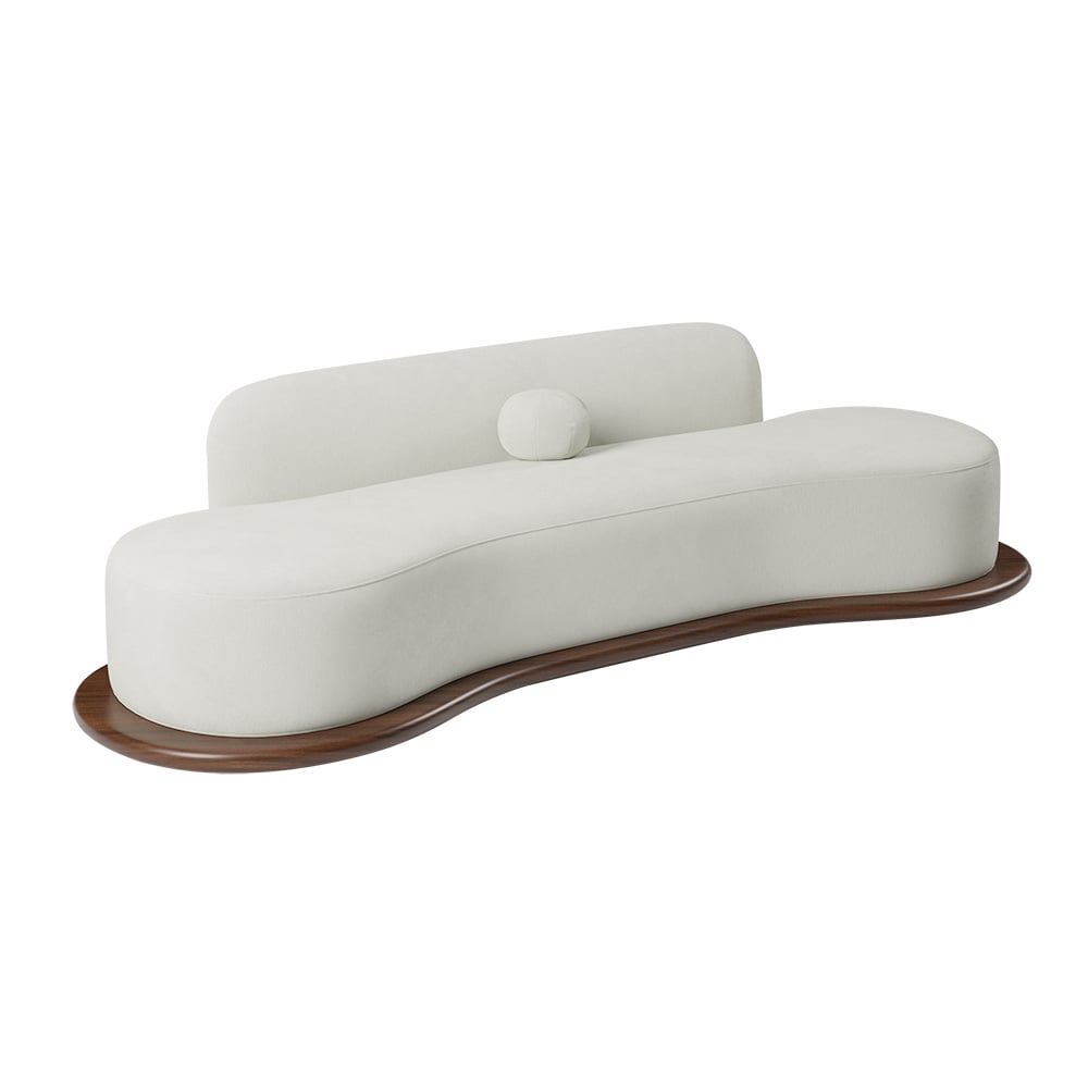 HMR - 110" Modern White Velvet 5 Seaters Curved Sofa with Low Back Wooden Base