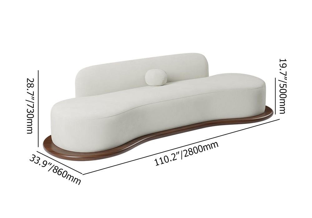 HMR - 110" Modern White Velvet 5 Seaters Curved Sofa with Low Back Wooden Base