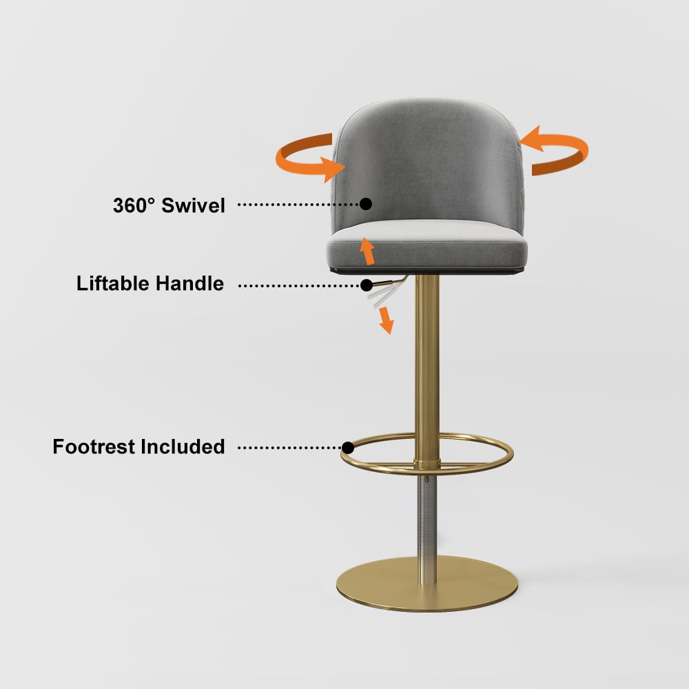 HMR - Modern Adjustable Swivel Velvet Bar Stools or Counter Stools with Upholstery Gray
